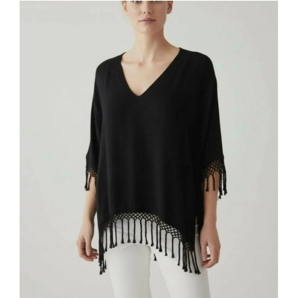 Dairi Fashion Black Fringe Crochet Tunic Top One Size Boho V‑Neck Morocco NEW